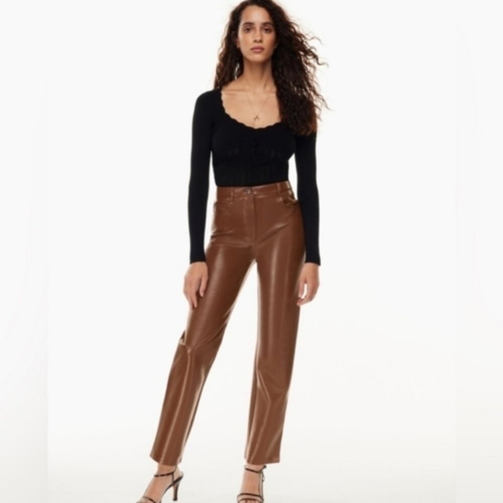 Aritzia Wilfred Melina Brown Vegan Leather Straight Leg Pants size 4